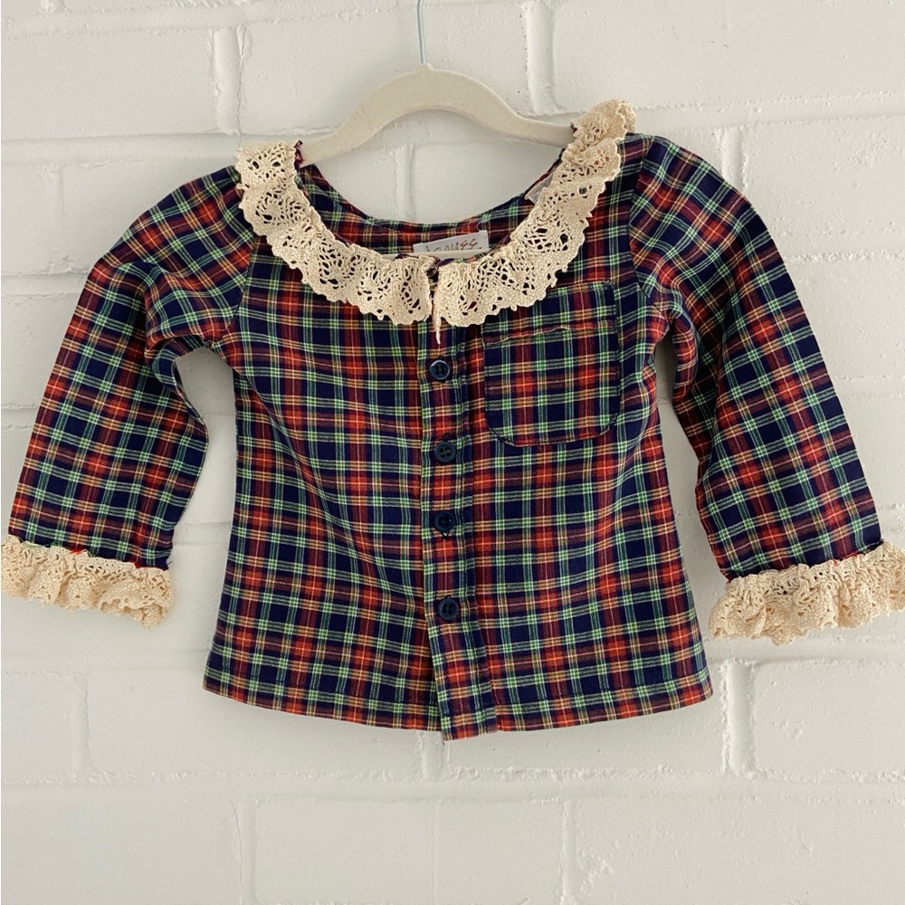 Toddler Girls Classic Vintage Plaid Blouse With Antique Eyelet Trim Size 2-3T